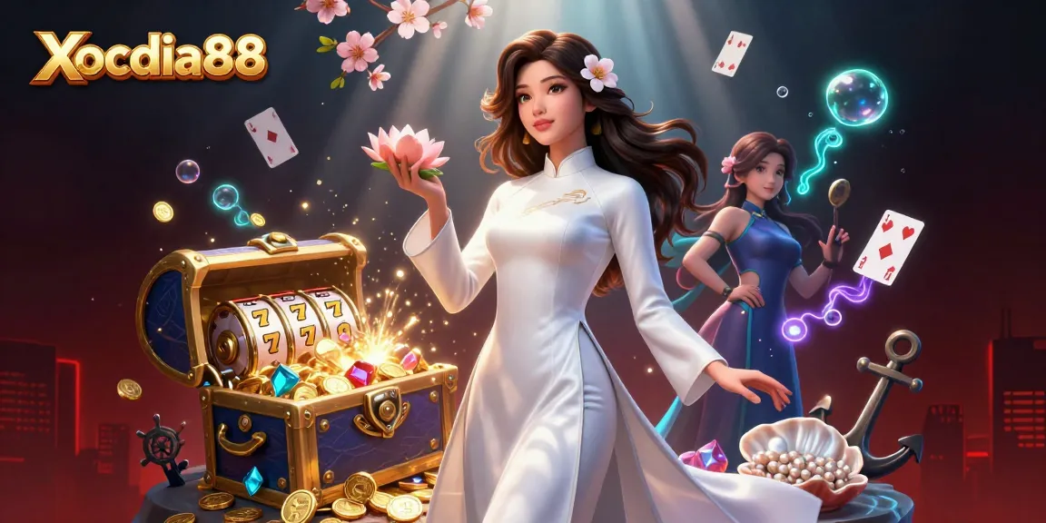 Xocdia88 showcases a stunning 3D scene with an elegant woman in ao dai and magical gambling elements.