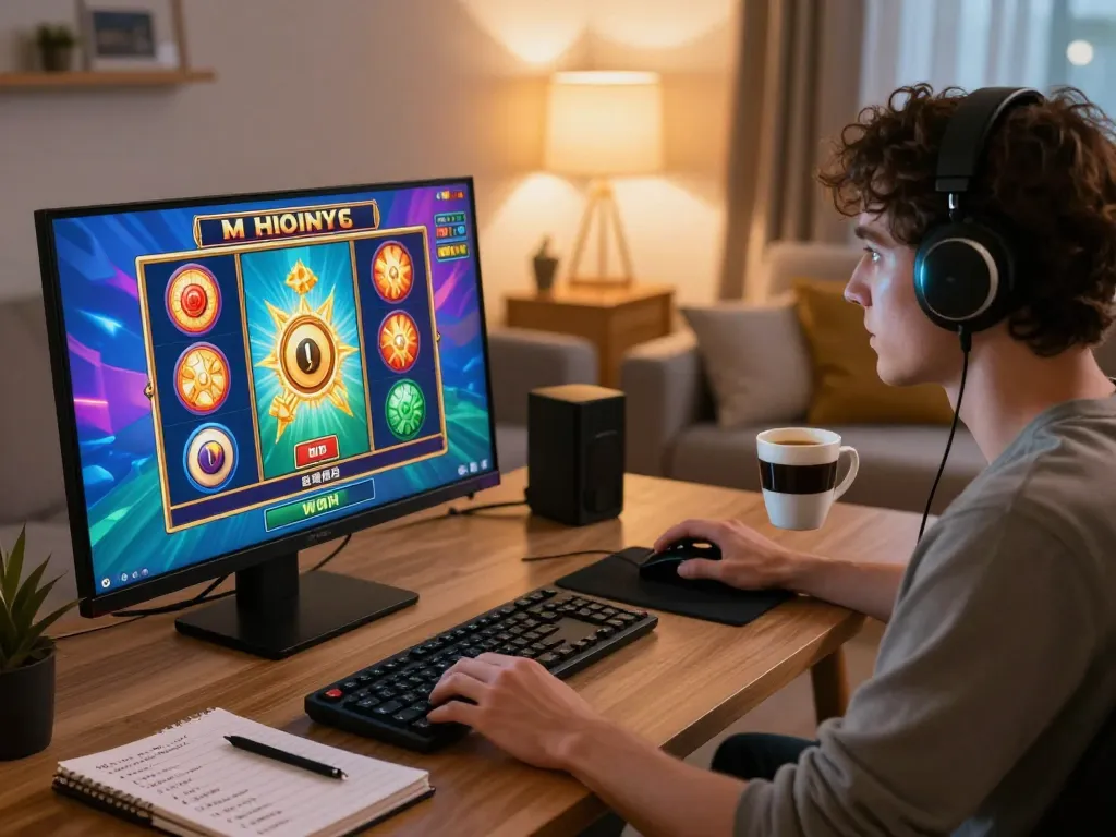 Engaged in thrilling slot gameplay on 789WIN, showcasing exciting graphics in a cozy home setting.