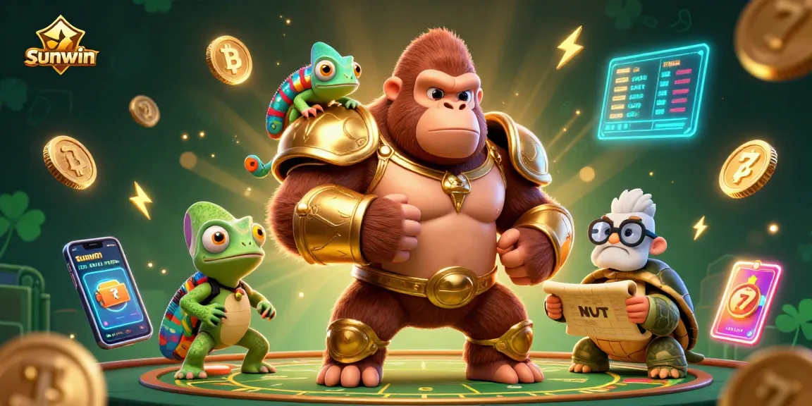 The sunwin gorilla king and colorful companion navigate a vibrant crypto-casino world, highlighting jackpots.