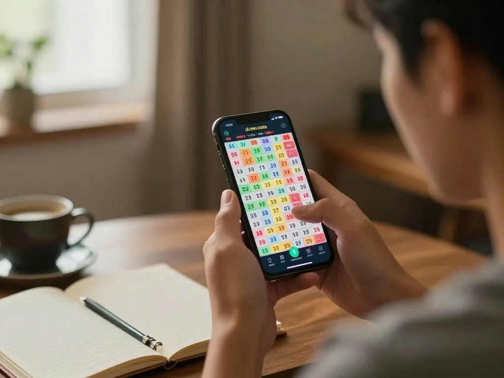 Person placing lô đề bets on a smartphone in a cozy home setting, emphasizing online gaming.