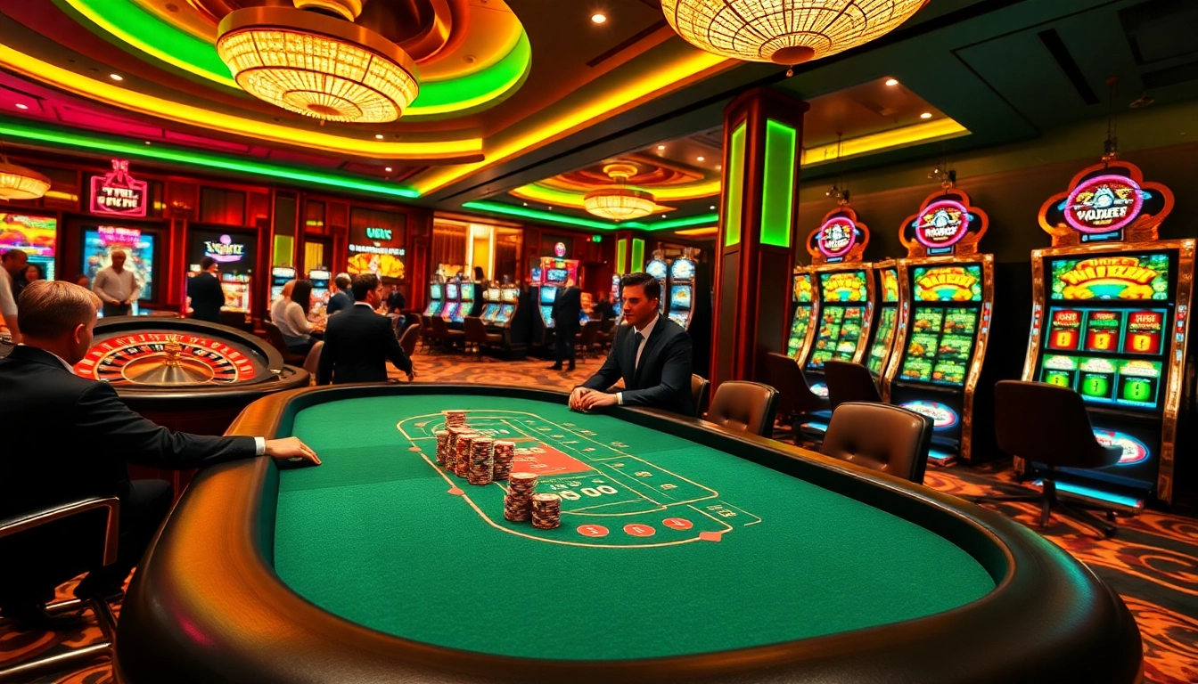 Players engaging at the rr88 casino poker table, surrounded by vibrant slot machines and a roulette wheel.
