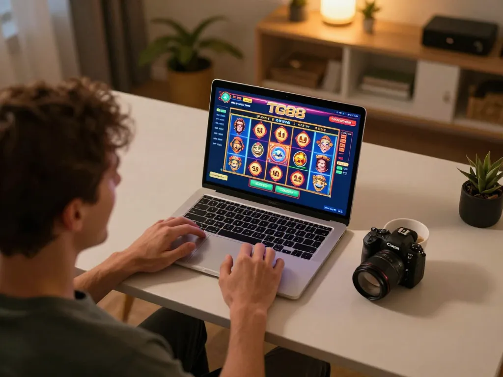 Player engaging with TG88 online casino app on laptop, showcasing vibrant slot graphics and cozy home environment