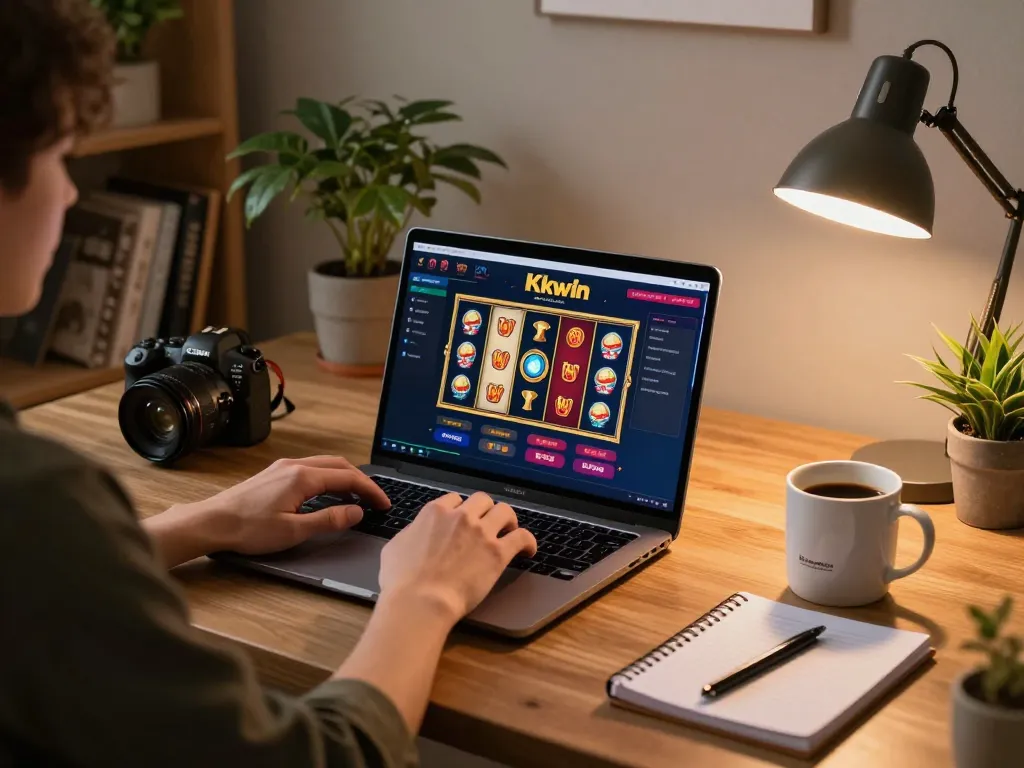 Kkwin player enjoying online slots at home using laptop with warm cozy setting.