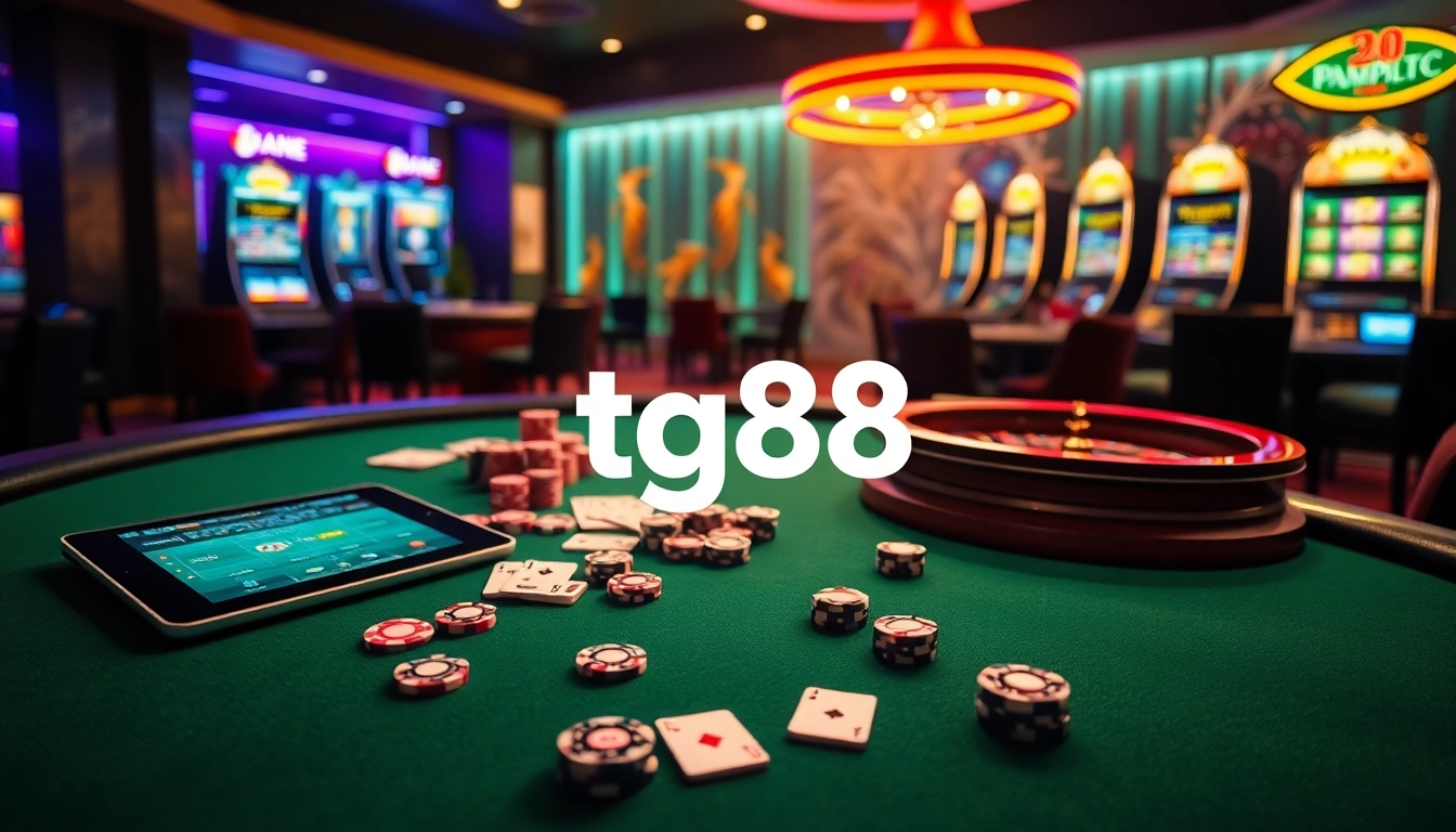 Engage in thrilling gameplay at tg88's premium casino with elegant poker tables and vibrant slots.