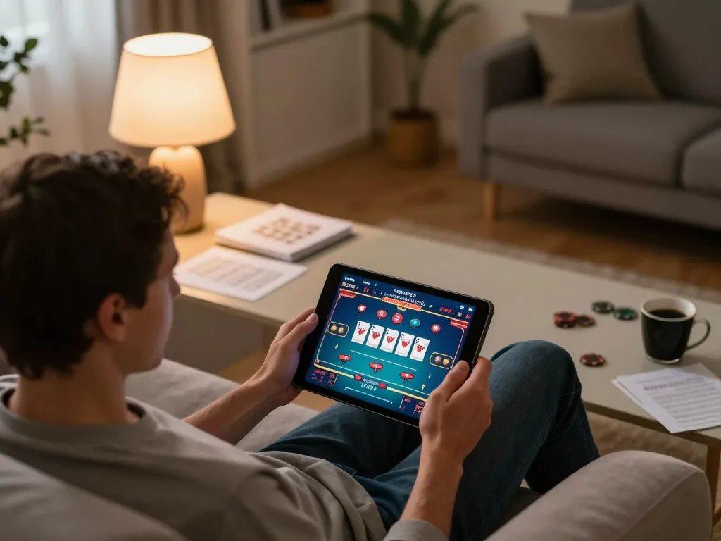 fly88 online gaming setup with a player using a tablet for casino gameplay in a cozy home.