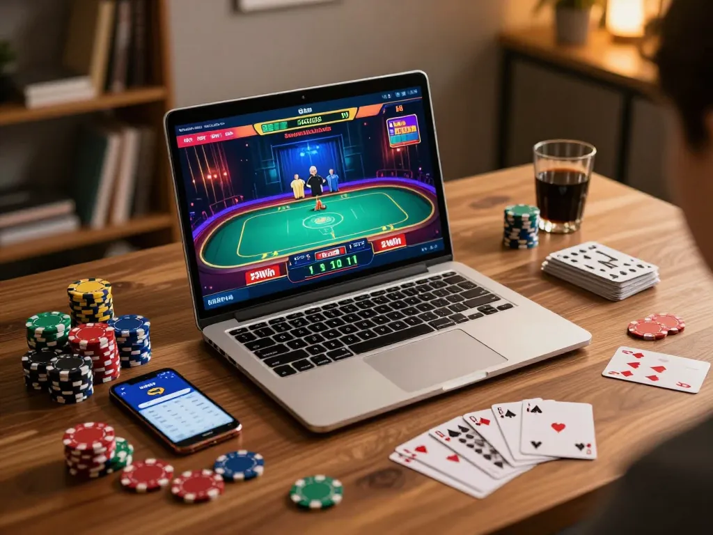 Engaging in online gameplay through 23win, showing a live dealer interface and poker accessories.