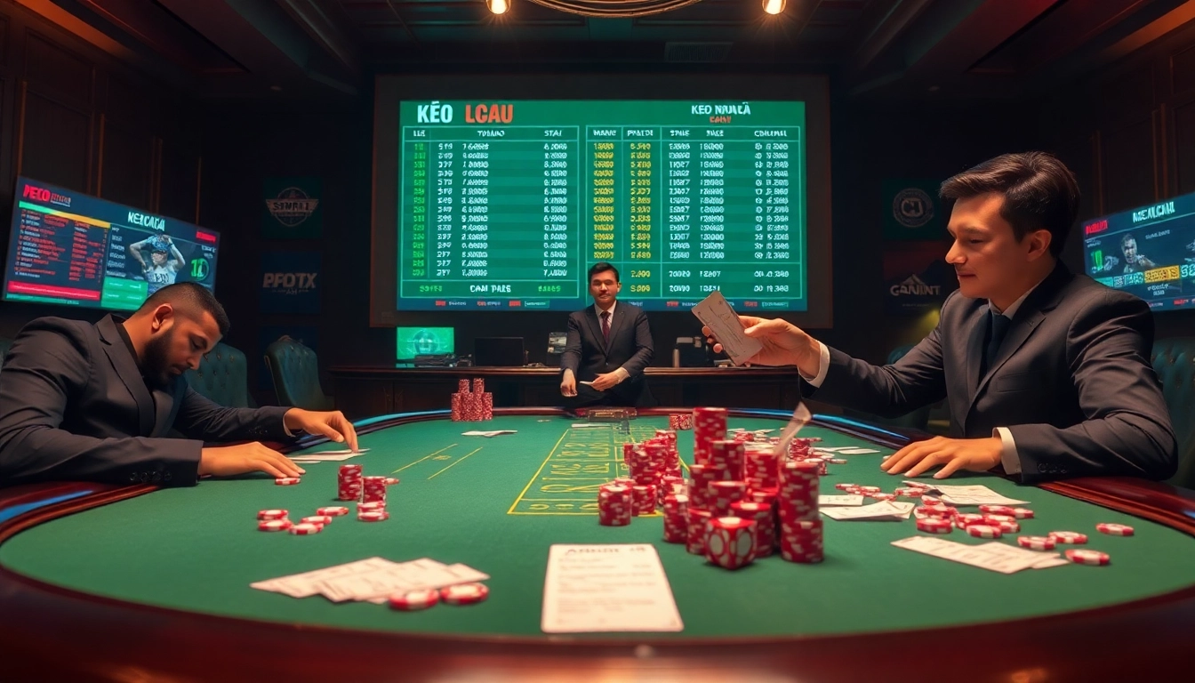 Kèo Nhà Cái highlights thrilling sports betting action with colorful chips and betting slips.