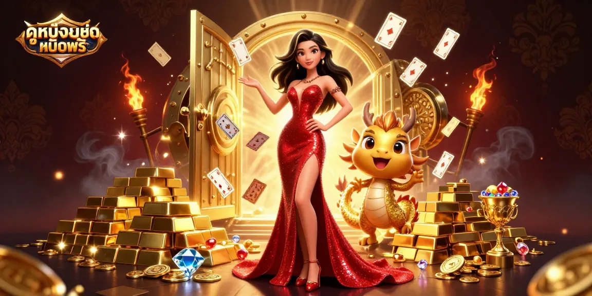 Experience ดูหนังออนไลน์ฟรี with this dynamic illustration featuring a stunning woman and a golden dragon in a casino scene.