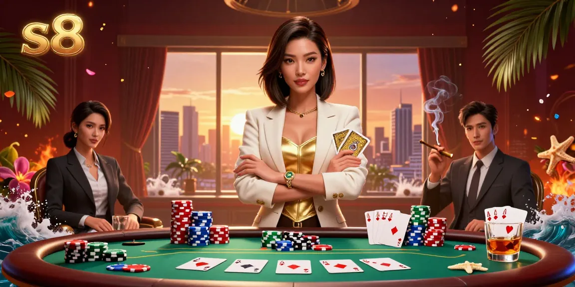 Engage with s8's thrilling poker action featuring a powerful Asian woman at the table, showcasing high stakes.