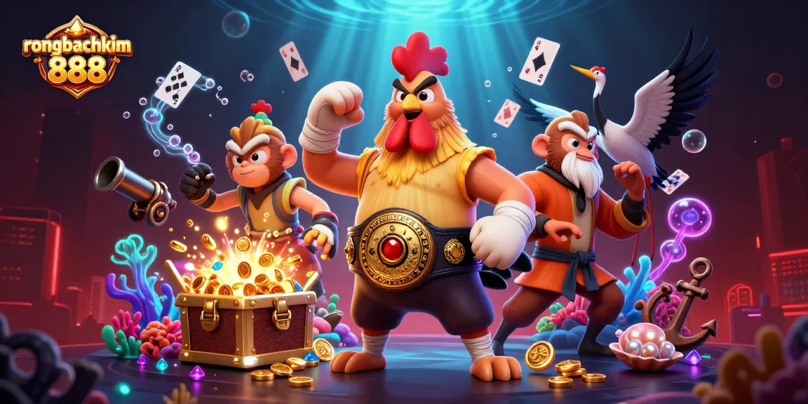 Savor the exciting action of rongbachkim 888 as dynamic characters play amidst treasure in a vibrant casino scene.