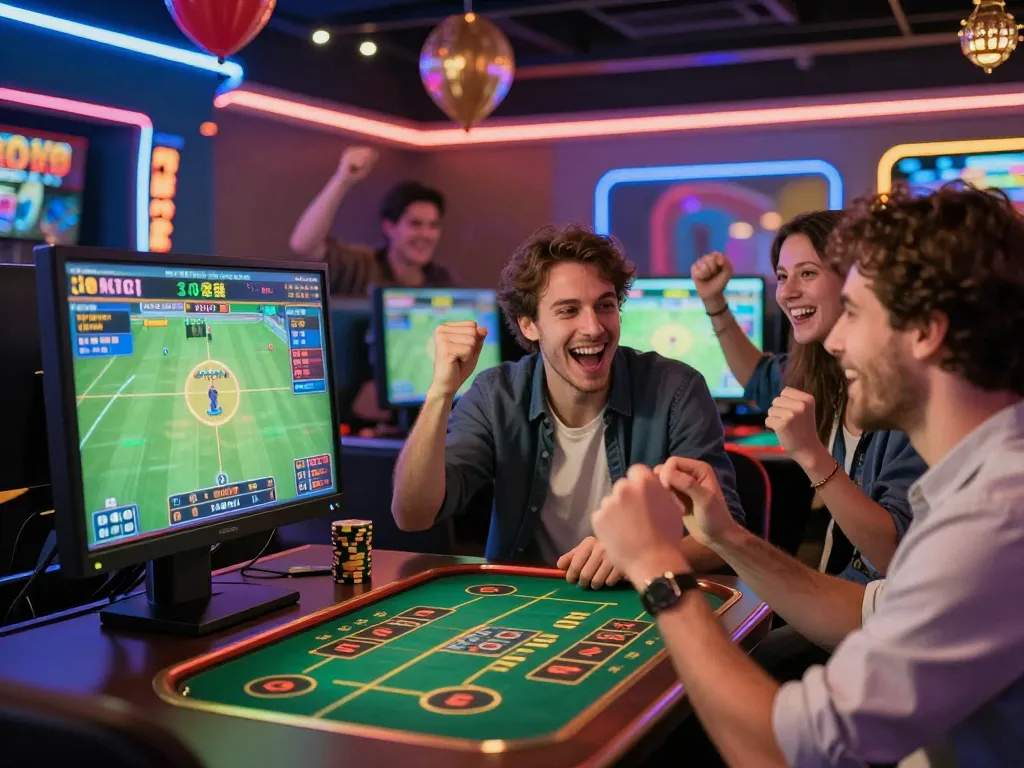 Dynamic scene showcasing a reliable gambling platform where friends enjoy engaging in online betting with excitement.