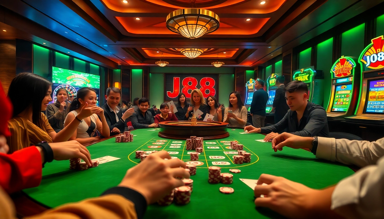 J88 players celebrating a win at a luxurious casino table with vibrant poker chips