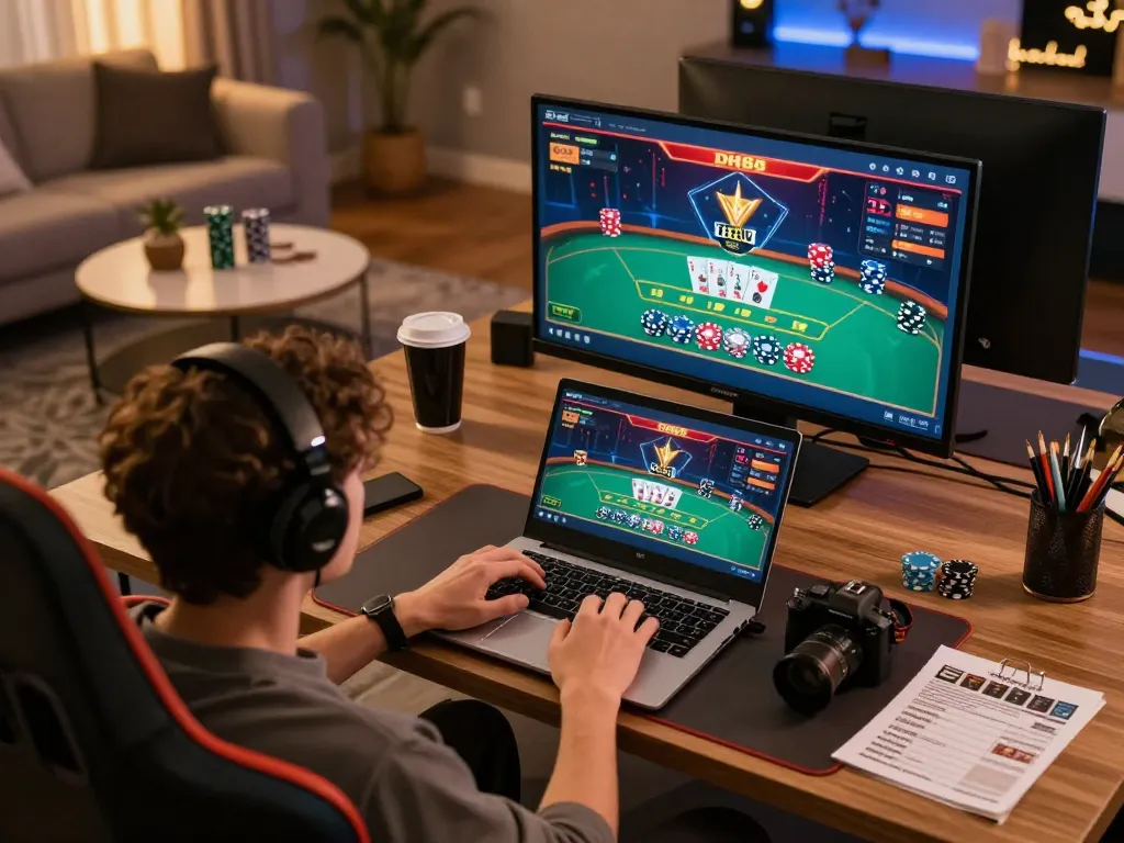 Player engaging in DH88 live poker game at home, showcasing casino strategy in a cozy setting.