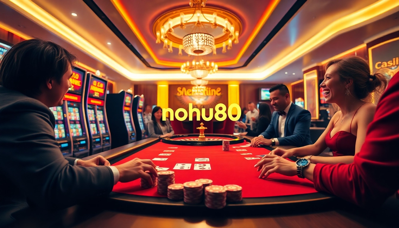 Players enjoying high-stakes poker at nohu90's luxurious casino, showcasing excitement and strategy.