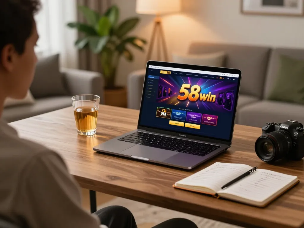Engaging in a responsible online gaming session with 58win on a sleek laptop in a cozy home environment.