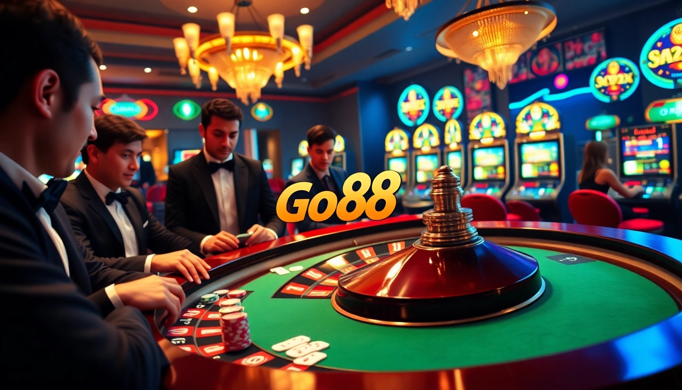 Go88 players engaging in an exciting poker game, showcasing vibrant casino elements and atmosphere.