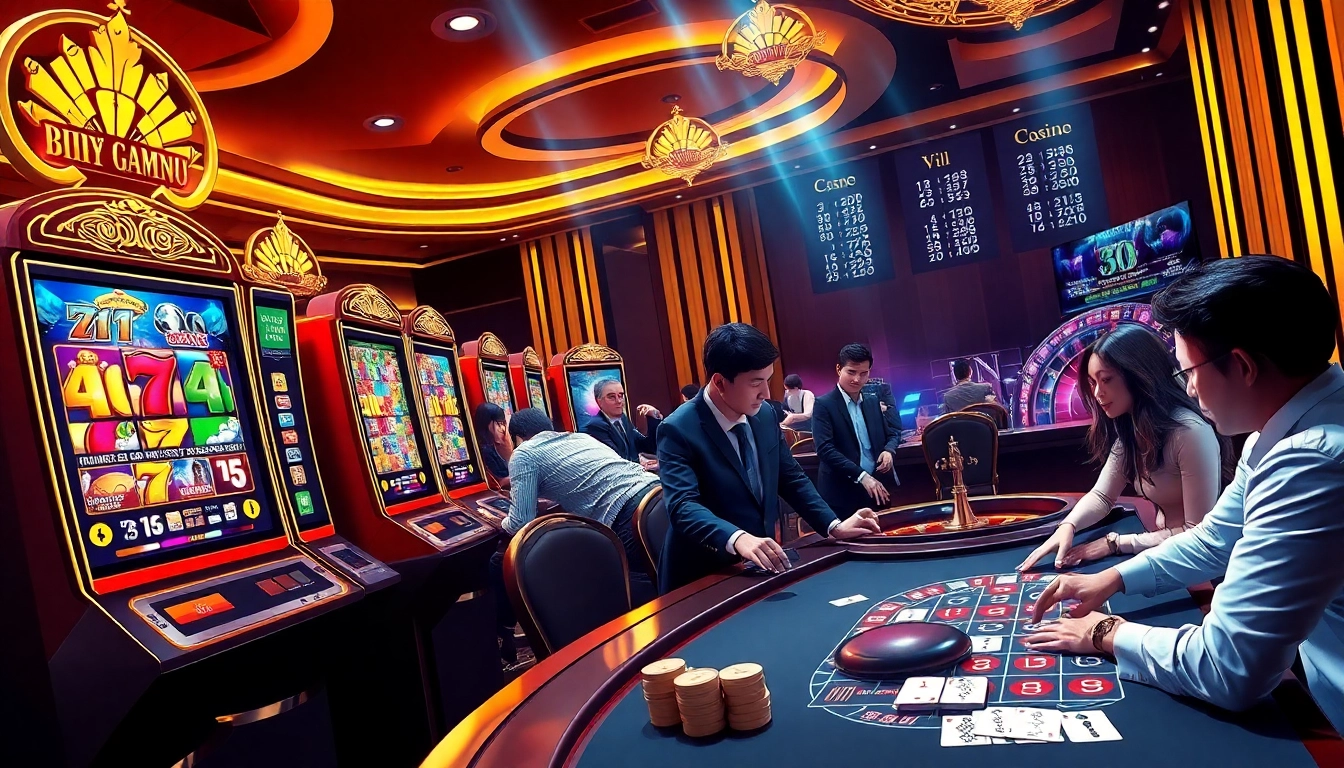 Nổ hũ 69VN gamers celebrating a win on vibrant slot machines in a luxurious casino.
