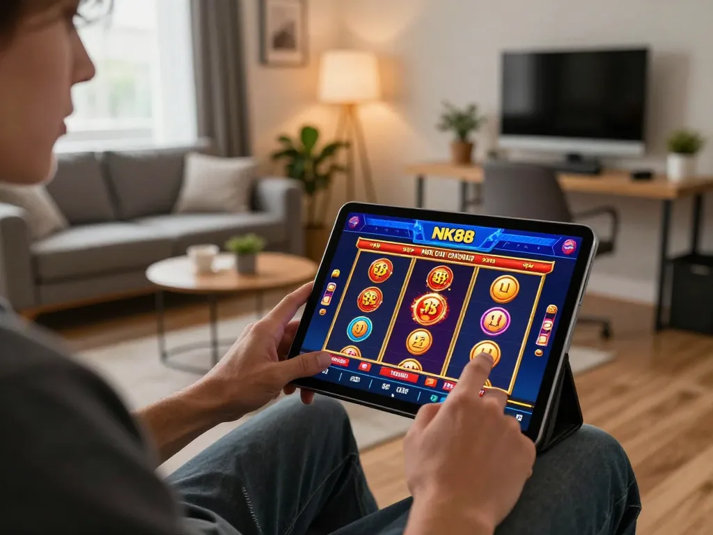 Player enjoying NK88 slot games on a tablet in a cozy home setup showcasing responsible gaming.