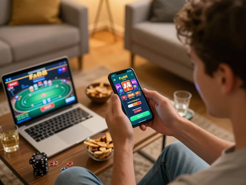 Engaging with the fa88 mobile app during an online casino gaming session in a cozy living room.