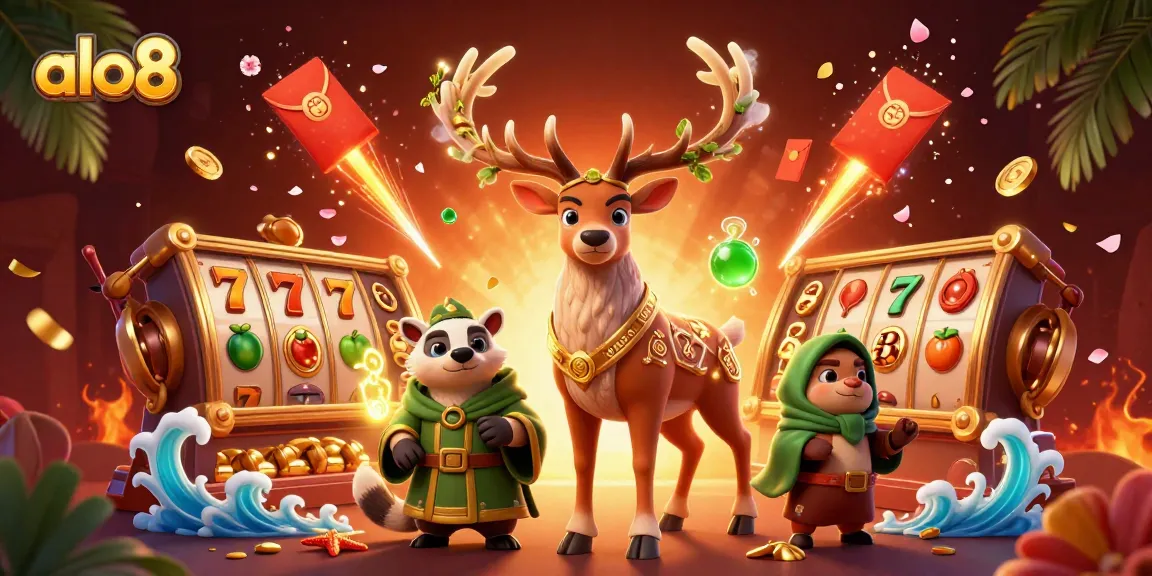 Join the excitement at alo8 with vibrant slots and dynamic casino elements illustrated in a rich scene.