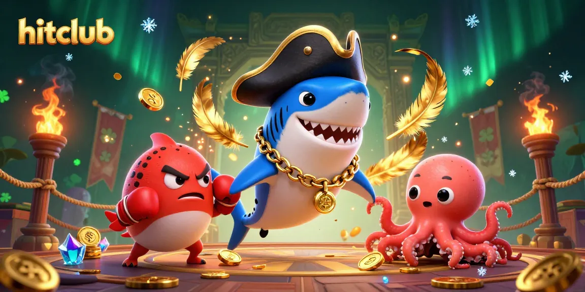 Engage with hitclub's dynamic gaming scene featuring a pirate shark, pufferfish, and octopus surrounded by casino elements.