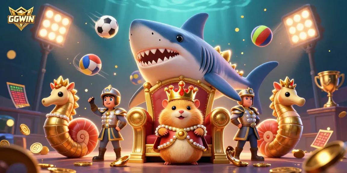 Experience exciting gambling action with GGWIN's dynamic gaming theme featuring a golden hamster king and vivid sports elements.