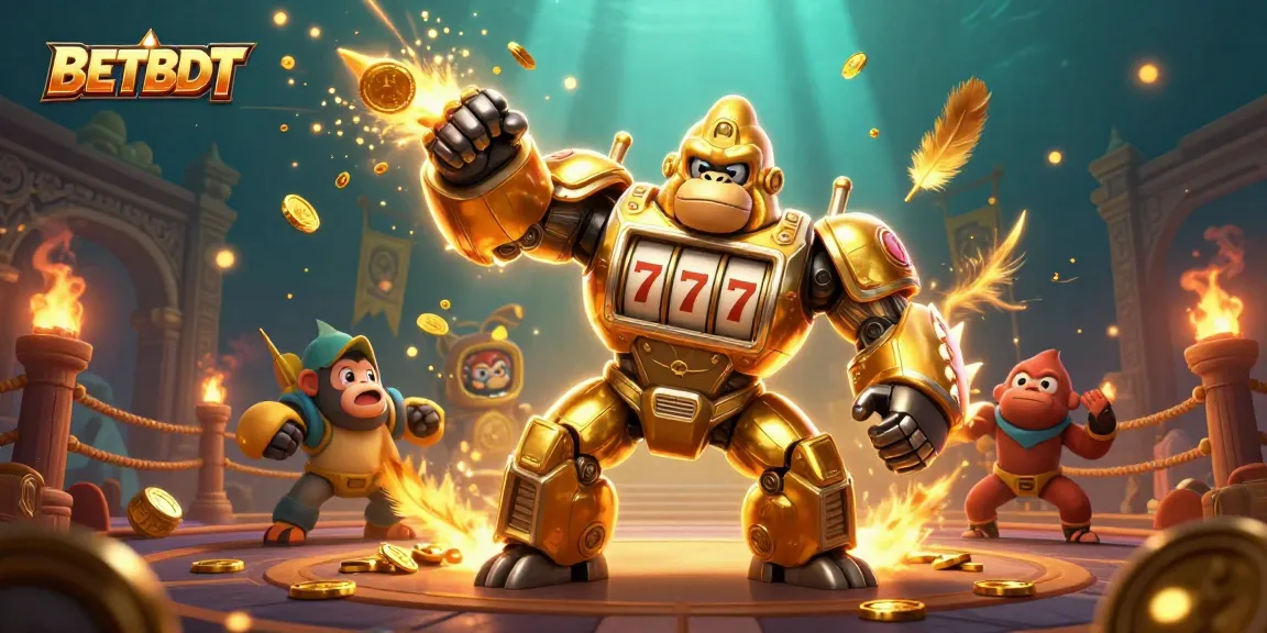 Experience the excitement of BETBDT with a dynamic 3D gorilla mech surrounded by casino elements and vibrant colors.