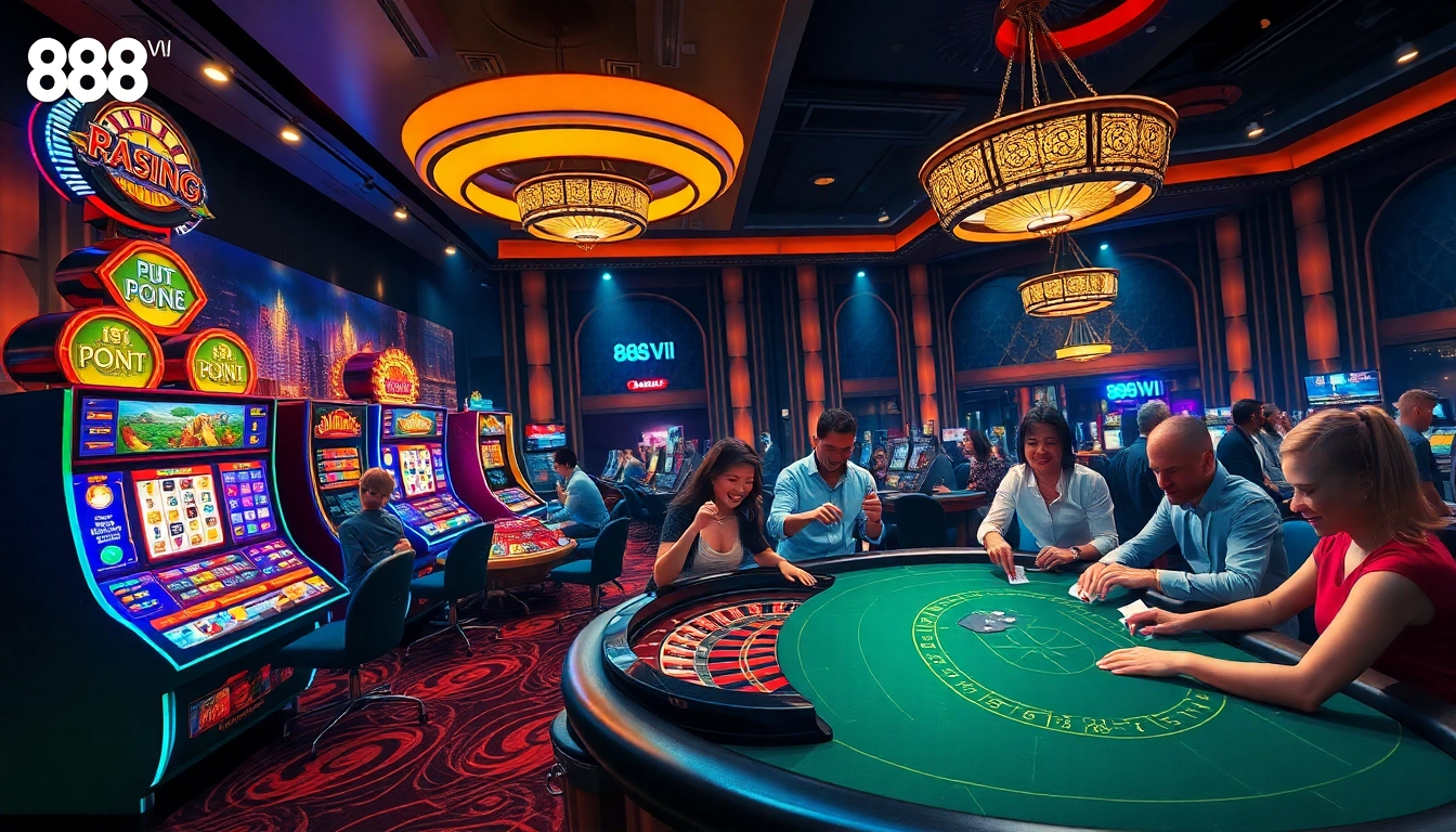 Players enjoying high-stakes poker and vibrant slot machines at 888VI casino, emphasizing luxury and excitement.