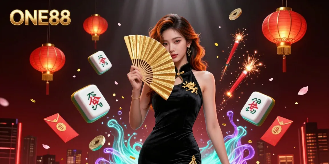 Engage with ONE88's vibrant online casino experience featuring golden mahjong tiles and a captivating Asian woman.
