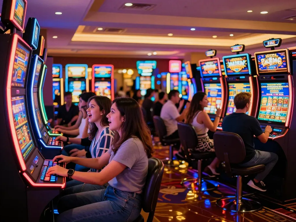 Players celebrating their wins at vibrant slot machines, promoting Win138 gaming excitement.