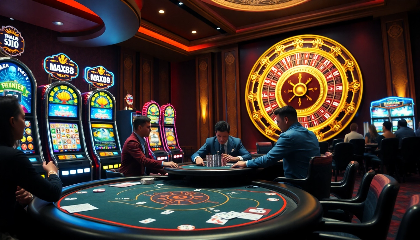 Experience high-stakes gaming at max88 with an engaging casino scene featuring poker and slot games.