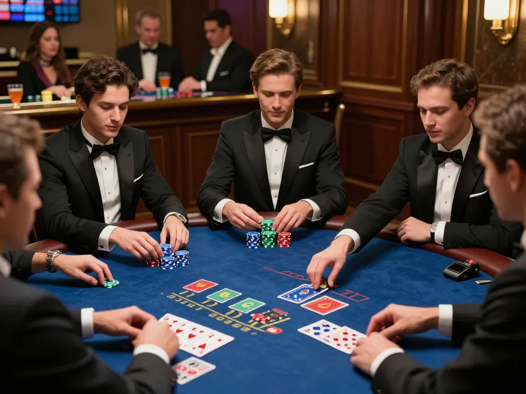 LLwin blackjack players intensely strategizing bets at an upscale casino table under warm lighting.