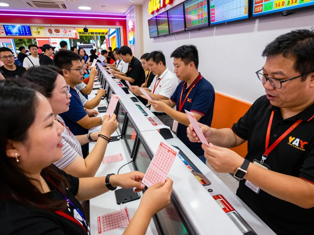 Checking 4D lotto 9 tickets at a vibrant lottery outlet with excited customers