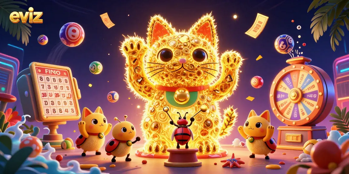 Experience exciting wins at eviz with vibrant casino elements and a whimsical lucky cat illustration.