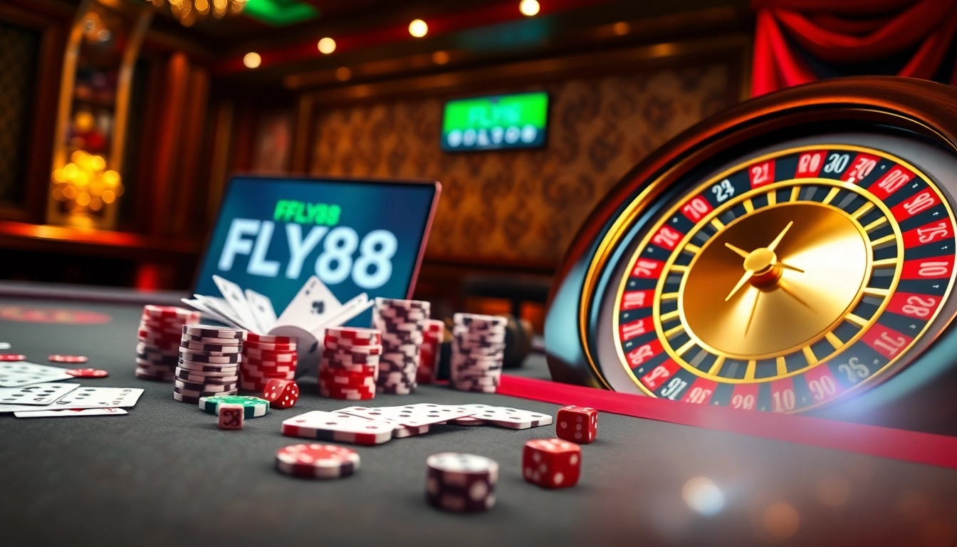 FLY88 casino scene showcasing a dynamic game table with poker chips and cards, highlighting excitement.