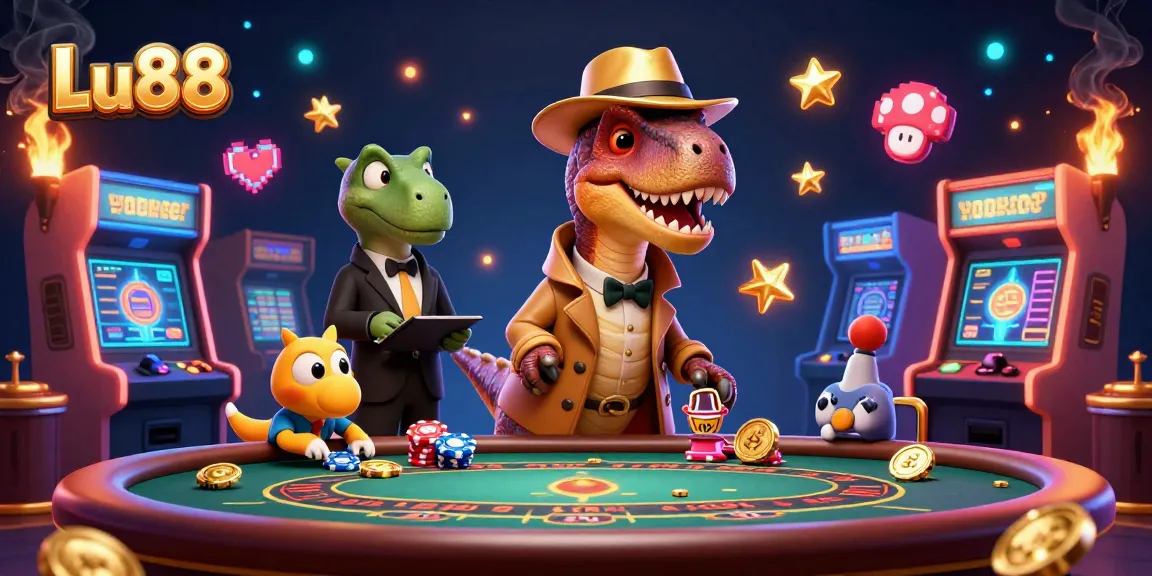 Experience thrilling gameplay at Lu88 with a velociraptor card counter and friends in a vibrant casino scene.