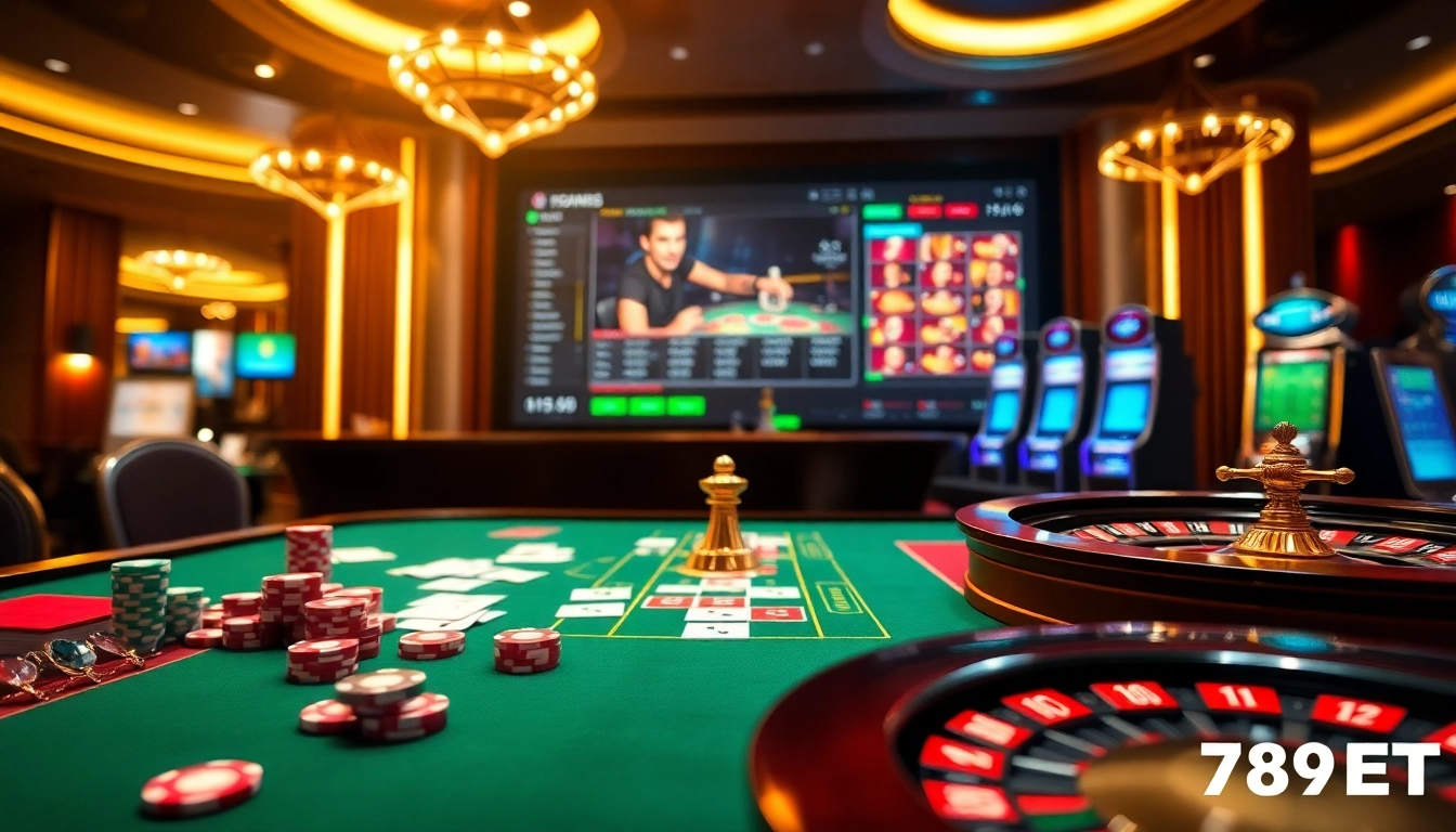 Experience thrilling gameplay at 789BET with vibrant casino tables and shining poker chips.