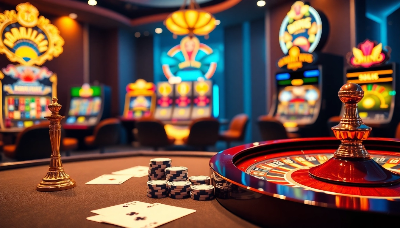An engaging scene showcasing luxury gambling elements inspired by https://aa888bet.us/ with casino tables, roulette wheel, and slot machines.