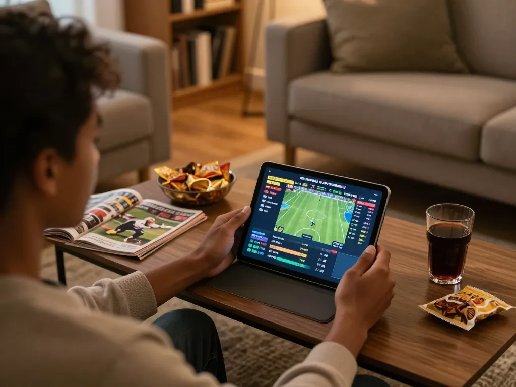 Person engaged in online sports betting using a tablet, showcasing DEBET game odds in a cozy home environment.