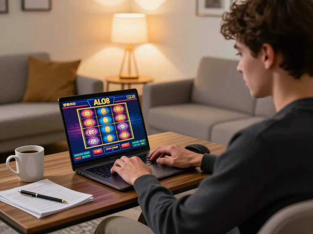 Player enjoying ALO8 online slots in a modern living space, illustrating responsible gambling.