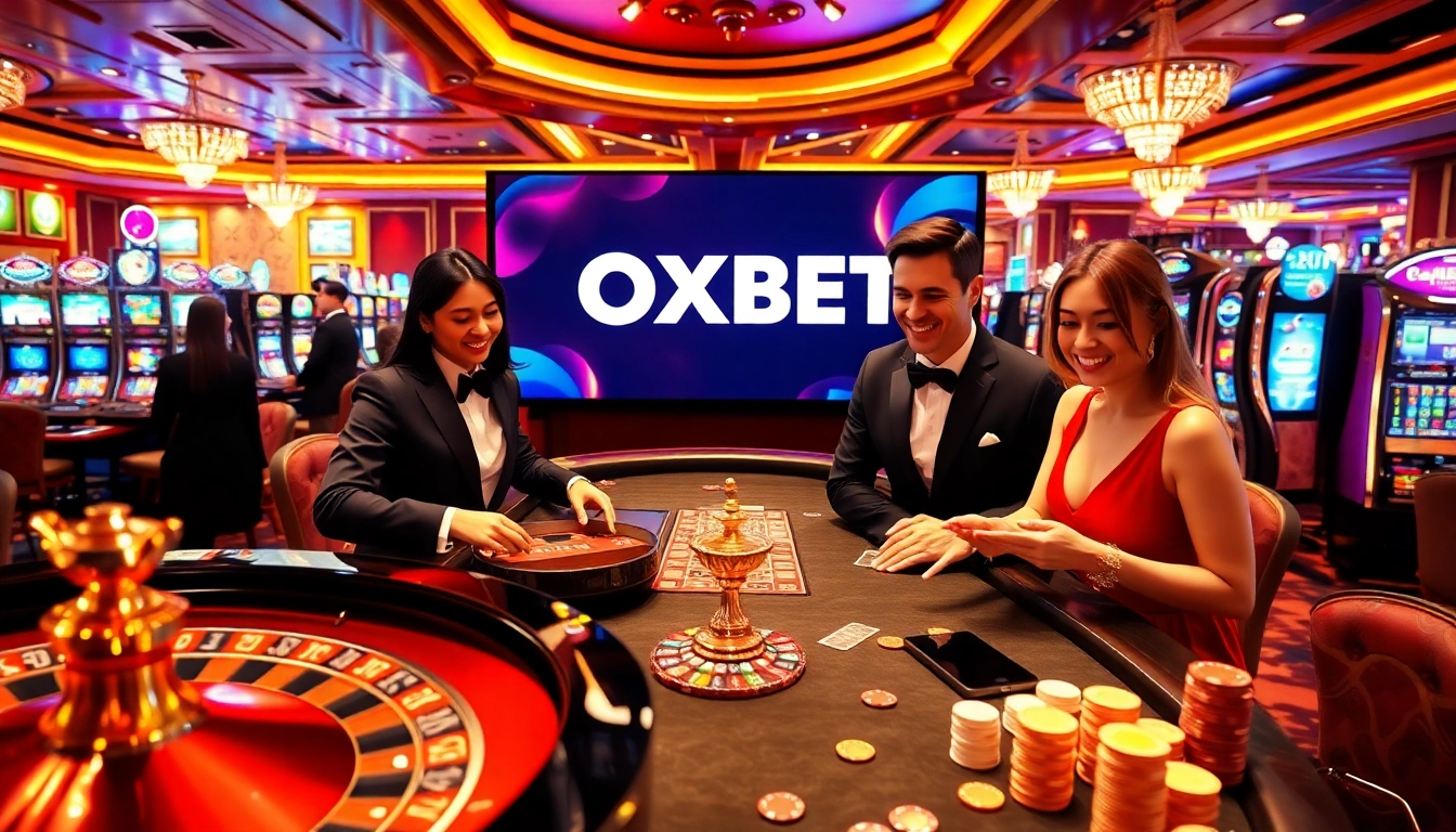 OXBET players enjoying an engaging game on a vibrant casino floor filled with poker tables and roulette wheels.