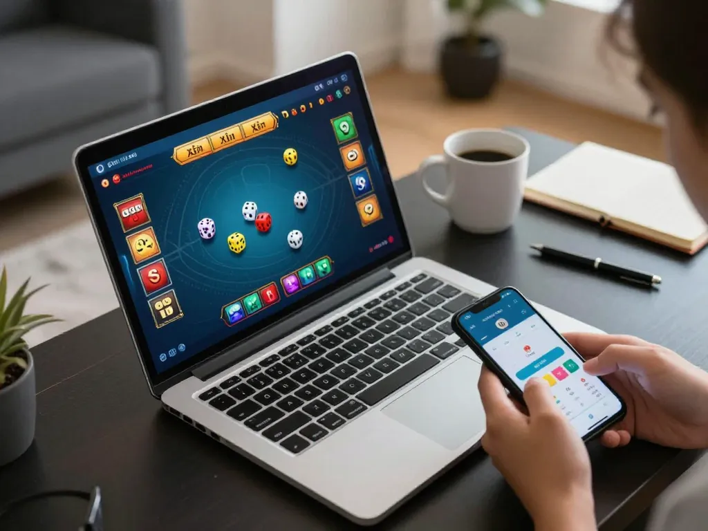 Tài Xỉu online game session with colorful dice rolling on a laptop screen, showcasing strategic gameplay.