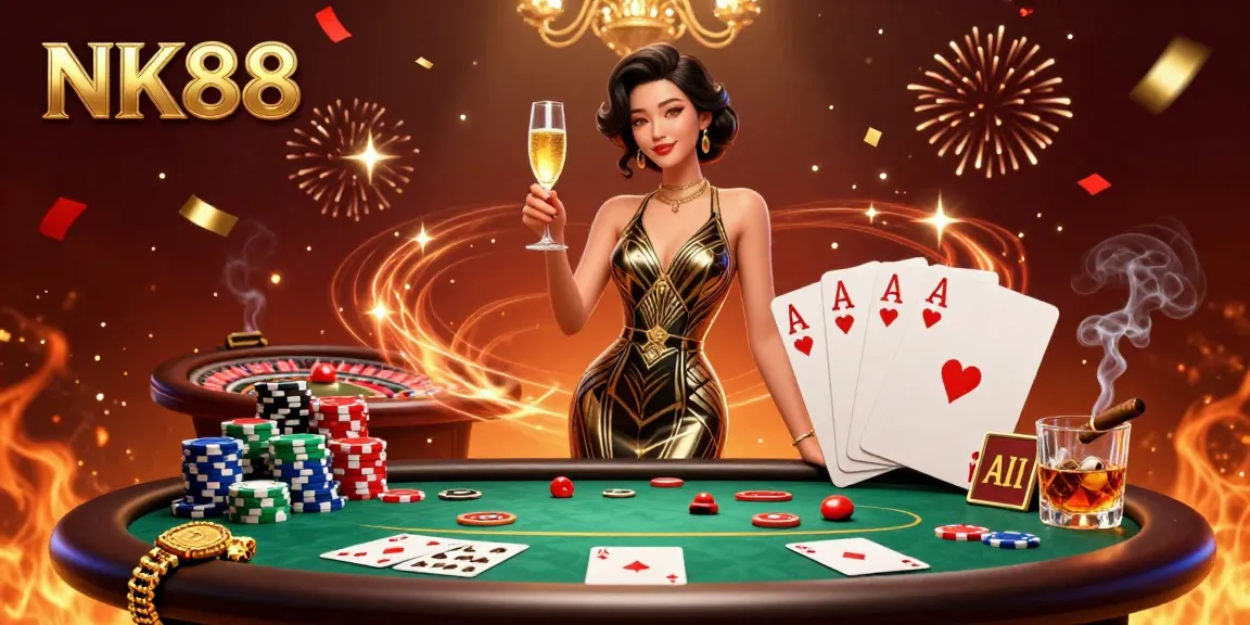 Experience exhilarating gameplay at NK88 with vibrant poker and casino elements enriching this lively scene.
