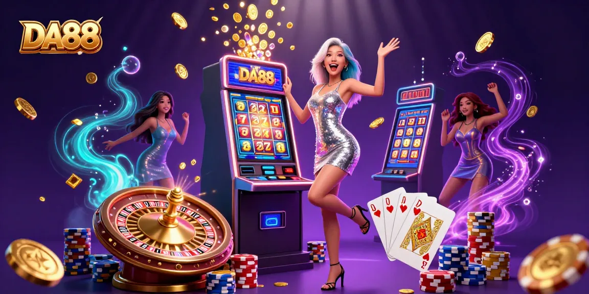 Experience the excitement of DA88 with a celebratory scene featuring a gorgeous Asian woman beside jackpot symbols and dynamic casino elements.