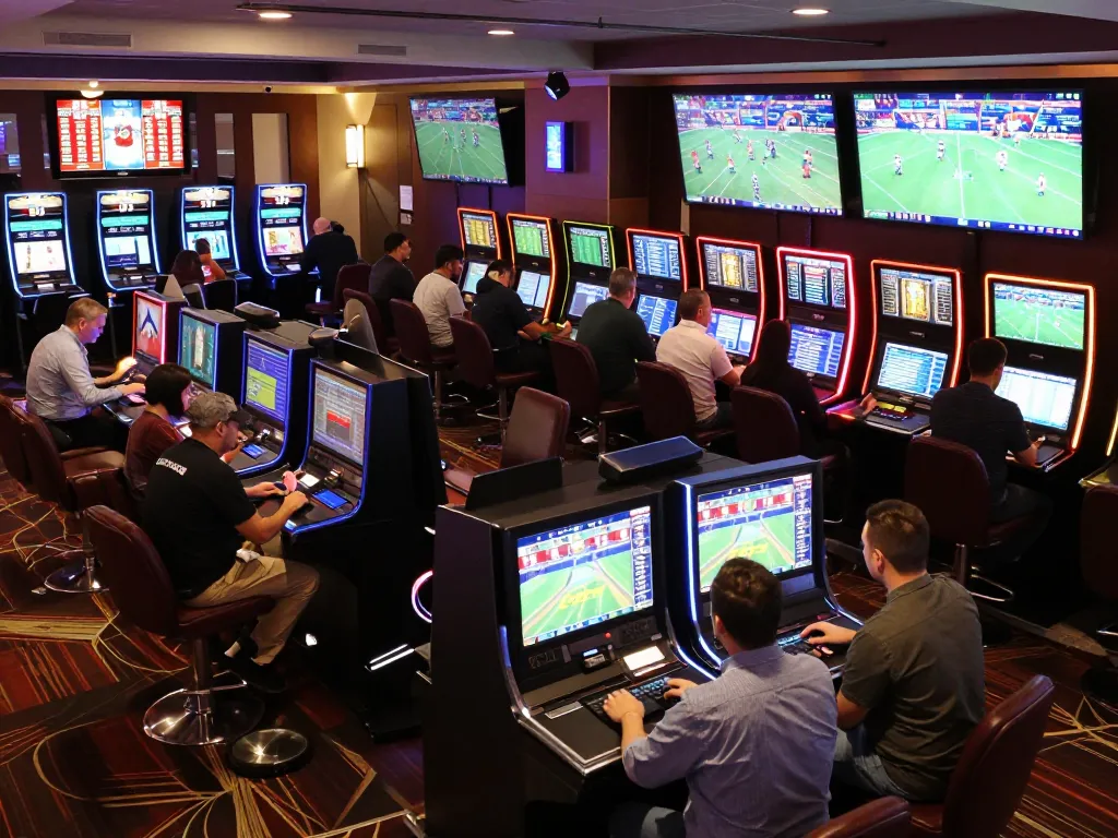 Bongdallu enthusiasts placing sports bets at a lively casino environment filled with excitement