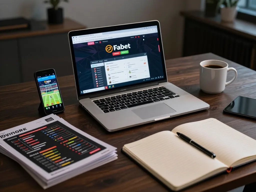Engaging in online sports betting on Fabet with strategic notes nearby.