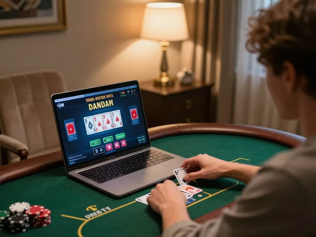 Player enjoying a live poker game at home, showcasing 789win8 gaming interface and strategic atmosphere.