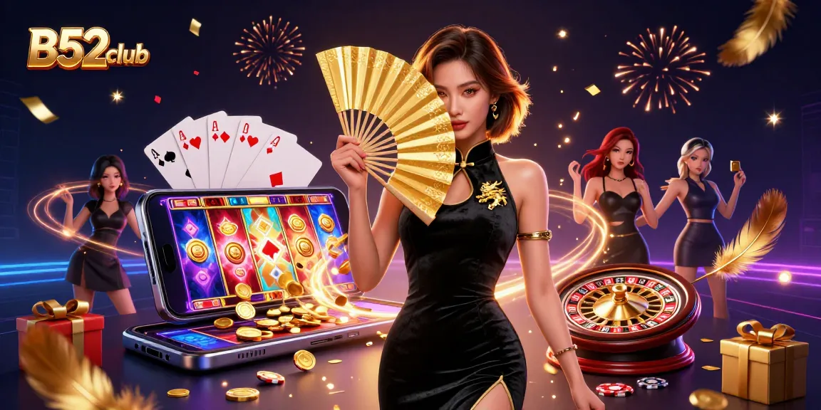 B52club offers thrilling gaming experiences with a captivating woman amidst gold coins and slot games.