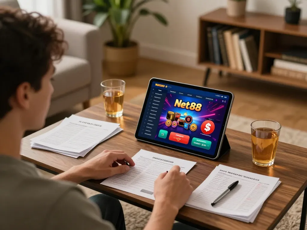 Engaging gameplay on Net88 app in a cozy home setting, studying betting strategies.