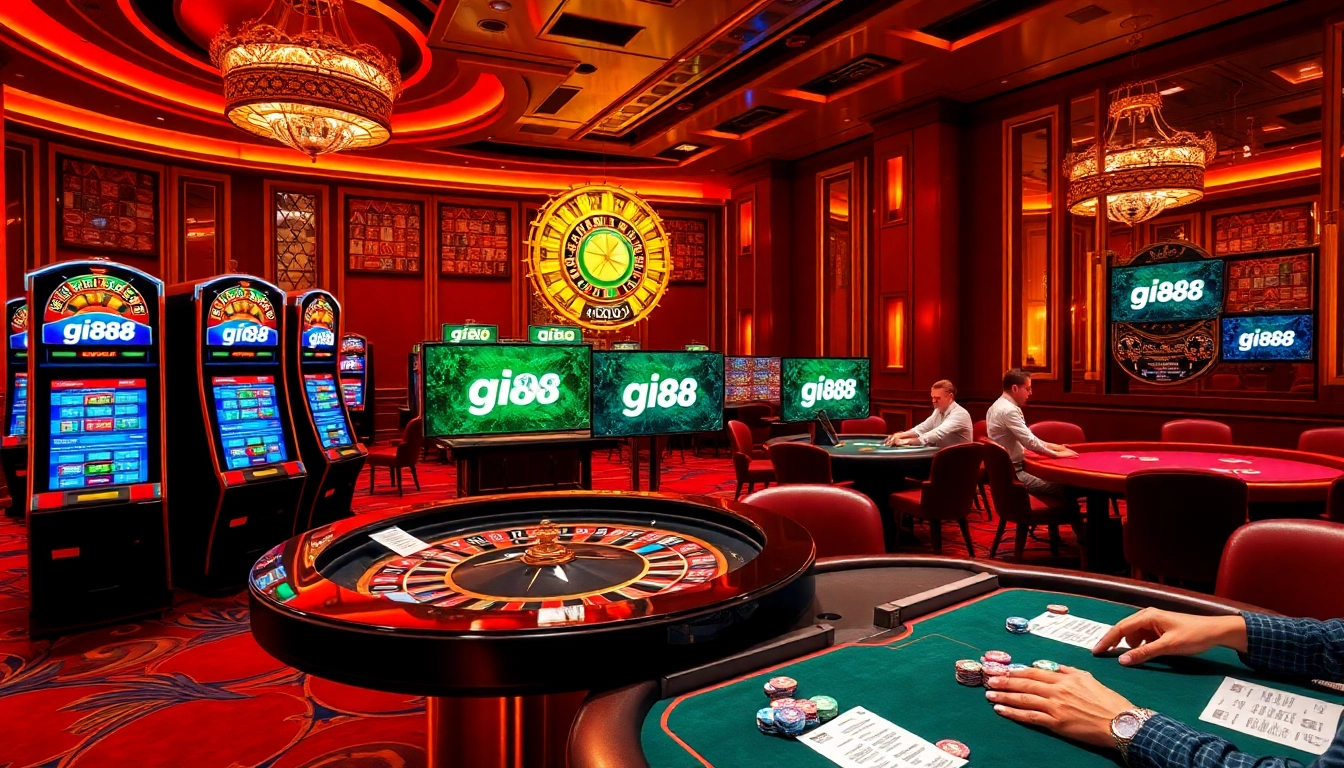 Engaging online casino scene featuring gi88 with vibrant slots, poker tables, and roulette.